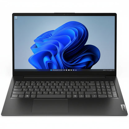 Front view of the closed Lenovo V15 G5 IRL laptop in Business Black.

