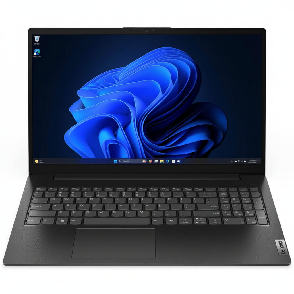 Closed view of the Lenovo V15 G5 IRL laptop in Business Black color.

