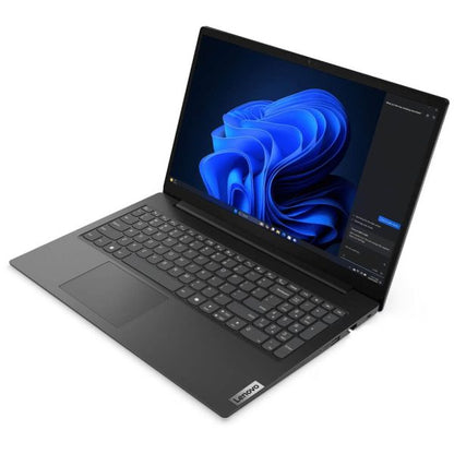 Side angle showing the laptop's slim profile and selection of ports on the side.

