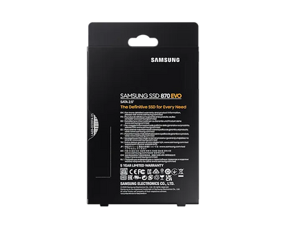 Samsung 870 EVO 500GB 2.5" SATA III SSD – High-Performance Solid State Drive packaging showcasing sleek design and key features.