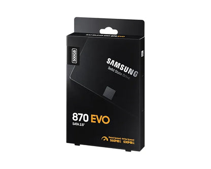 Samsung 870 EVO 500GB 2.5" SATA III SSD – High-Performance Solid State Drive in sleek packaging, ideal for system upgrades.