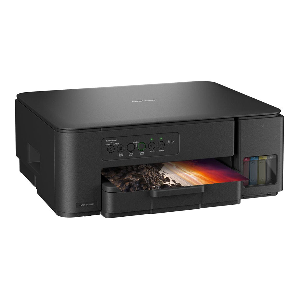 Printer with front access ink tanks visible.

