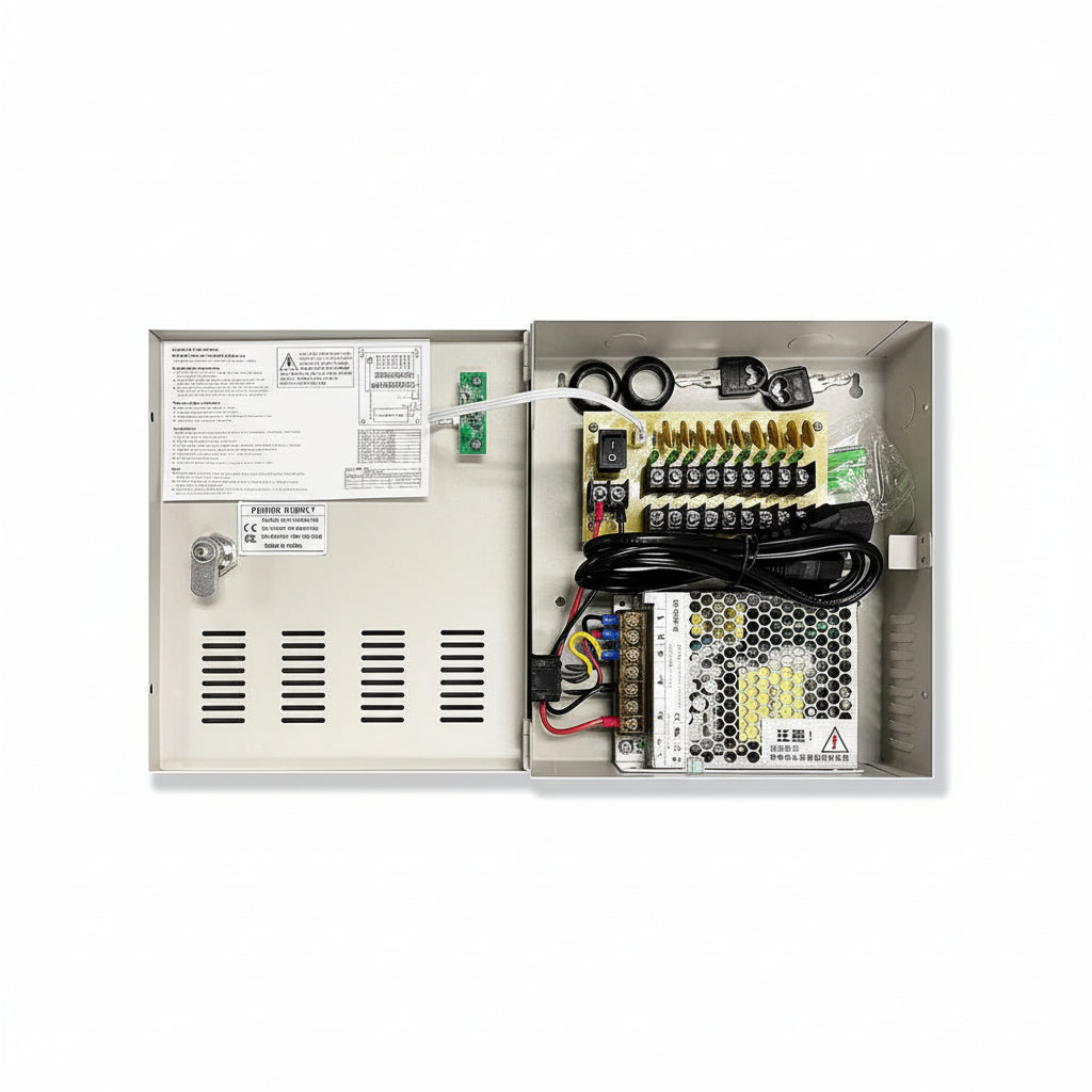 8-channel 9-port 12V DC 10A CCTV power supply box with full metal housing.

