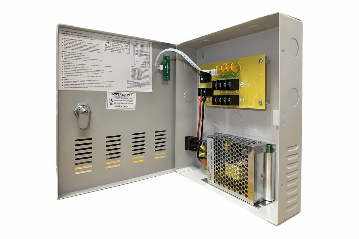 Front panel of 8-channel power supply showing key lock mechanism and LED indicator.

