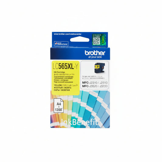 Brother LC565XL-Y yellow ink cartridge front view.

