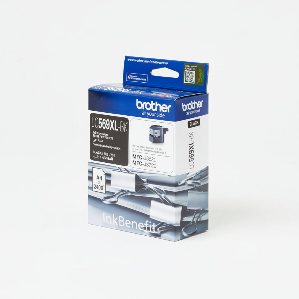 Brother LC569XL-BK black ink cartridge front view.

