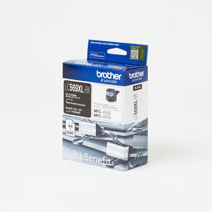 Brother LC569XL-BK black ink cartridge front view.

