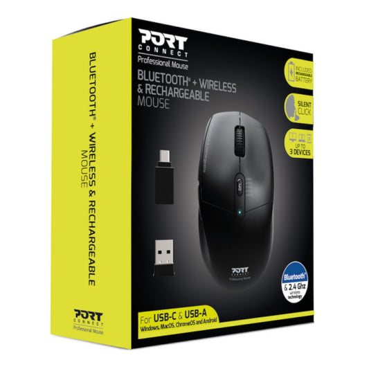 Port Connect 2.4GHz Wireless Bluetooth® Rechargeable Mouse PRO offers seamless dual wireless technology for multitasking.