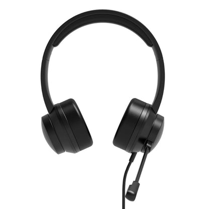 A black Port Connect USB stereo headset with a microphone, padded cushions, and an adjustable headband.