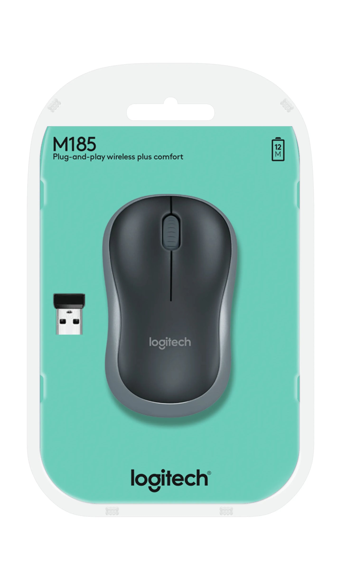 Logitech Wireless Mouse M185 (Black & Swift Grey) Nano USB receiver 3 buttons optical tracking with wheel 10m range 12-month bat