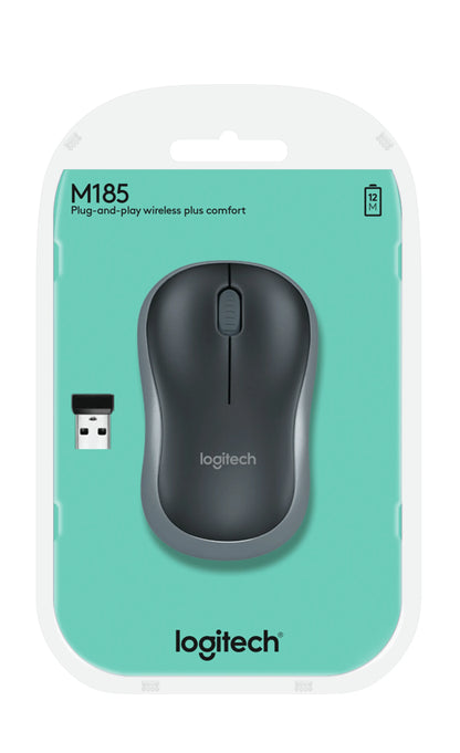 Logitech Wireless Mouse M185 (Black & Swift Grey) Nano USB receiver 3 buttons optical tracking with wheel 10m range 12-month bat