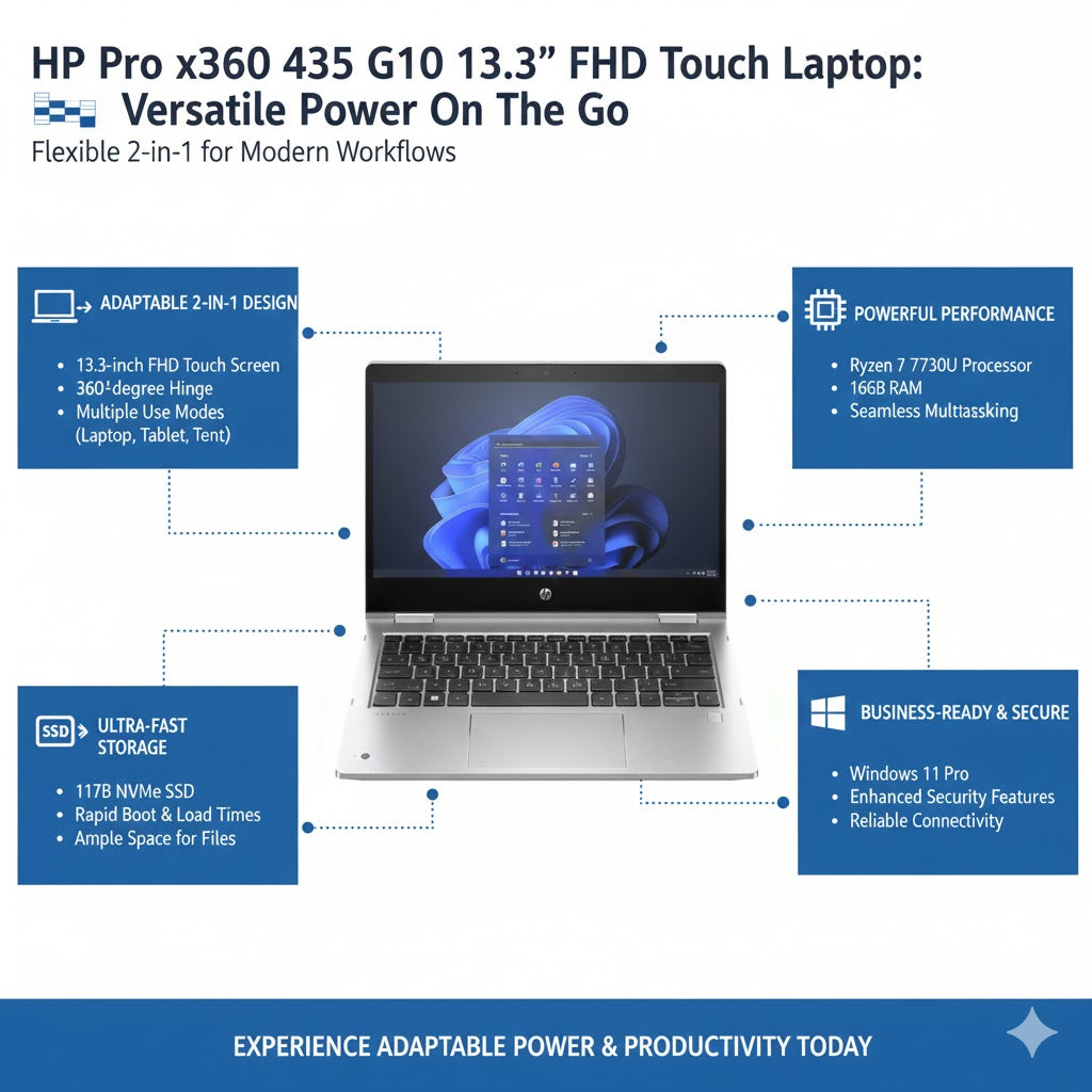 HP Pro x360 435 G10 13.3” FHD Touch Laptop Ryzen 7 7730U 16GB 1TB Win 11 Pro