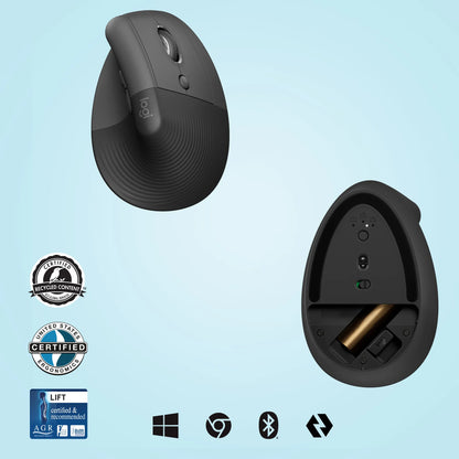 LOGI LIFT 910-006473  Vertical Ergonomic Mouse - GRAPHITE / BLACK - 2.4GHZ/BT - N/A - EMEA-914 - ON+OFFLINE;B2C.