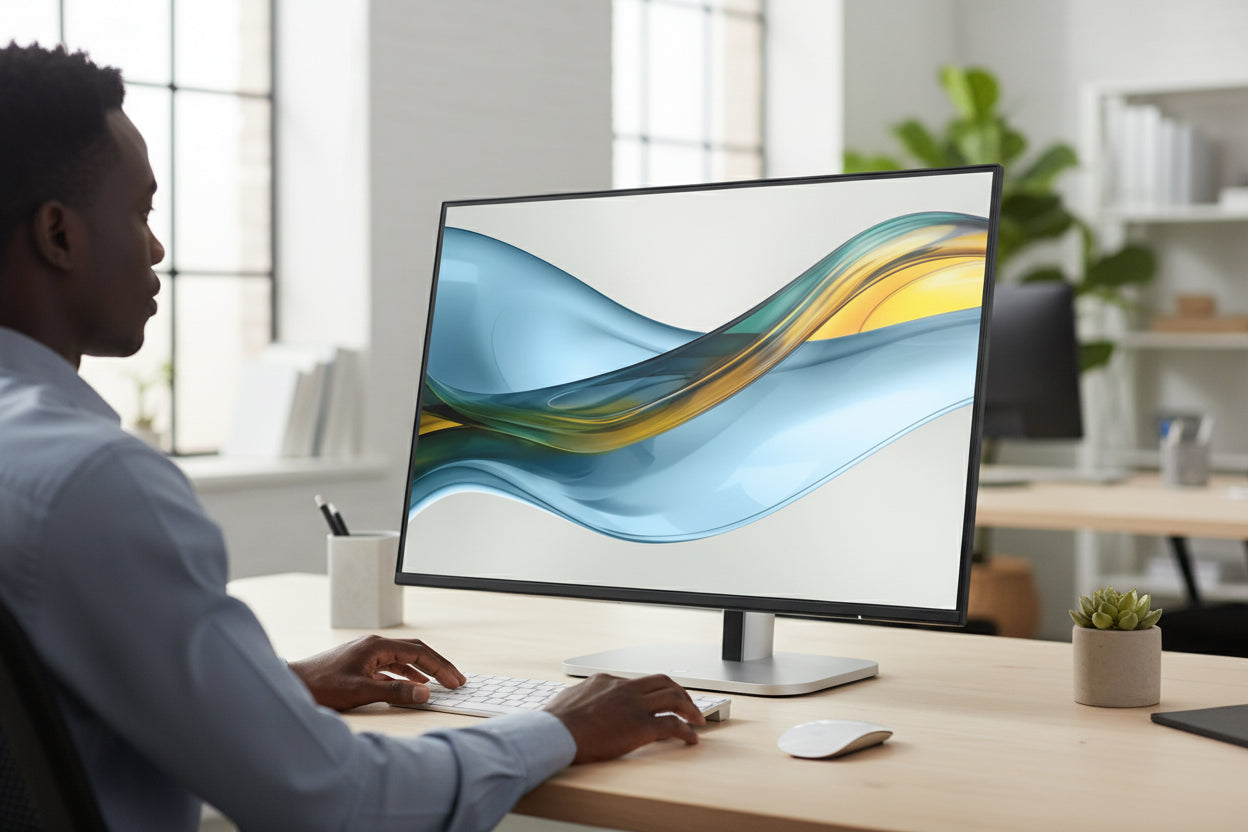 HP Series 5 Pro monitor OSD menu displaying HP Eye Ease low-blue light setting.


