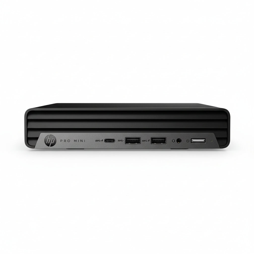 HP Pro Mini 400 G9 front view showing compact chassis and power button.

