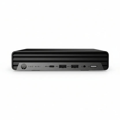 HP Pro Mini 400 G9 front view showing compact chassis and power button.

