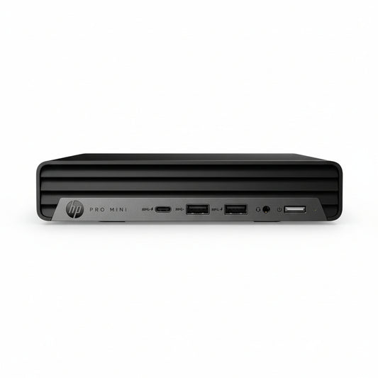 HP Pro Mini 400 G9 front view showing compact chassis and power button.

