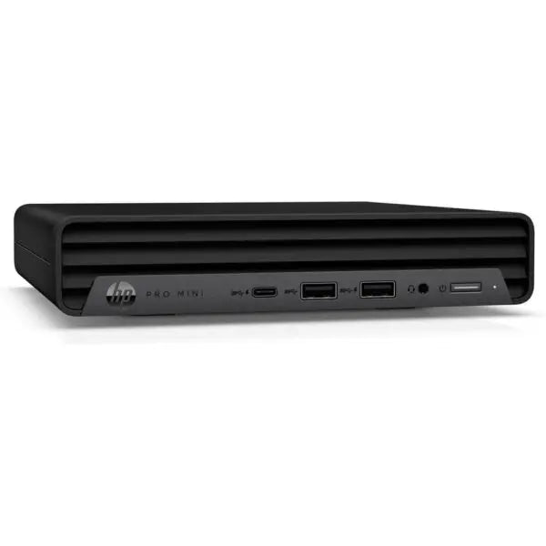 HP Pro Mini 400 G9 Desktop PC angled view illustrating mini form factor dimensions.


