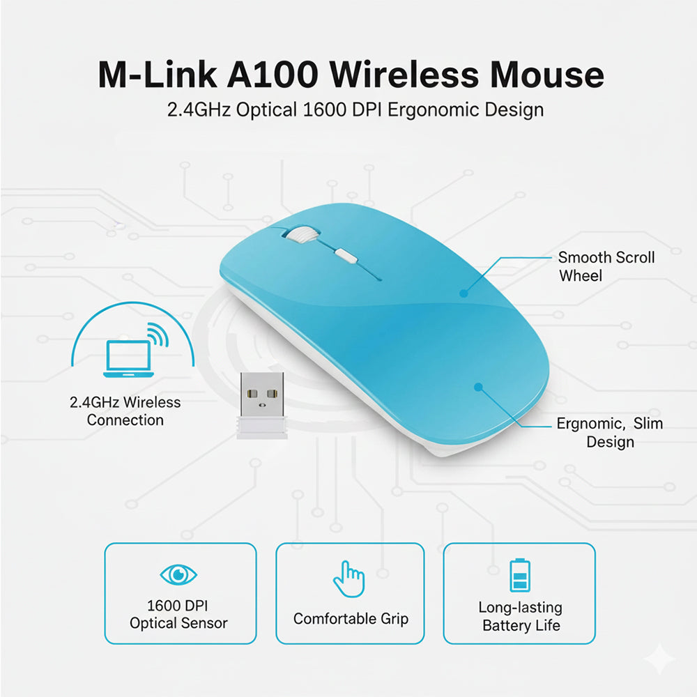 M-Link A100 Wireless Mouse 2.4GHz Optical 1600 DPI Ergonomic Design for PC
