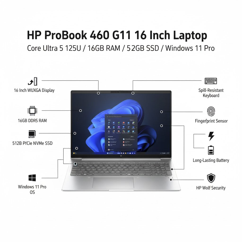 HP ProBook 460 G11 16 Inch WUXGA Laptop Core Ultra 5 125U 16GB 512GB Win 11 Pro