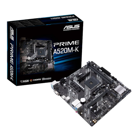ASUS PRIME A520M-K: AMD AM4 Motherboard for Ryzen 5000 | Compact & Efficient, showcasing a sleek design and performance.