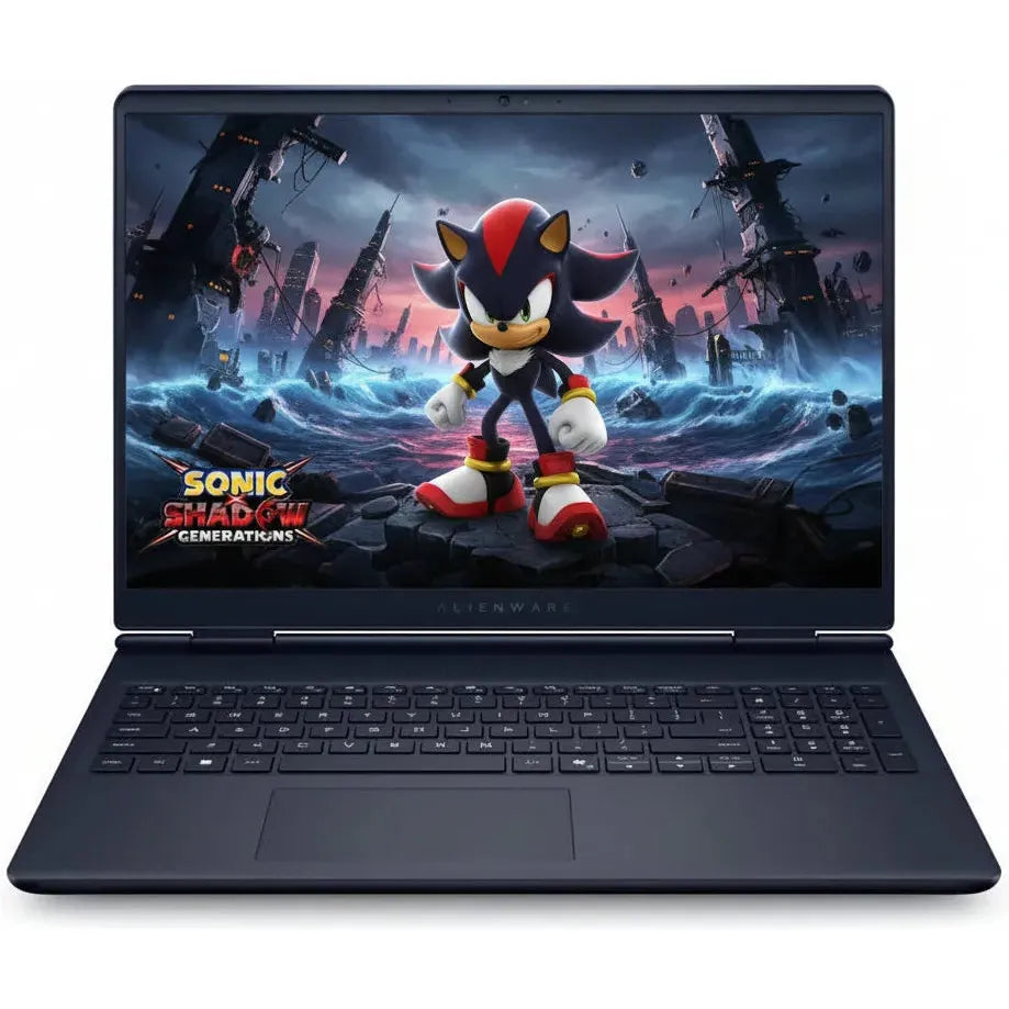 Front view of the closed Dell Alienware 16 Aurora laptop in Interstellar Indigo.

