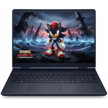 Front view of the closed Dell Alienware 16 Aurora laptop in Interstellar Indigo.

