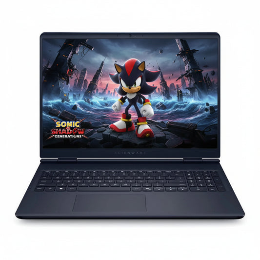 Front view of the closed Dell Alienware 16 Aurora laptop in Interstellar Indigo.

