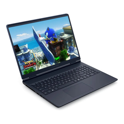 Angled view highlighting the gaming laptop's design and rear ventilation.

