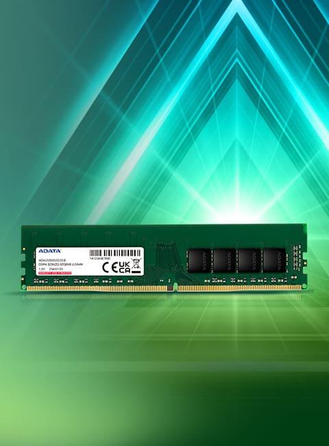 ADATA RAM module on a green and blue geometric background