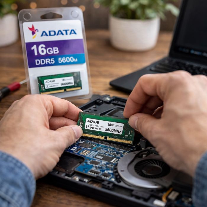 Person installing Adata RAM into a laptop with Adata packaging in the background.