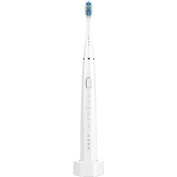 Front view of the Aeno DB1S White electric toothbrush with blue bristles on a white background