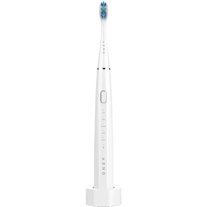 Front view of the Aeno DB1S White electric toothbrush with blue bristles on a white background