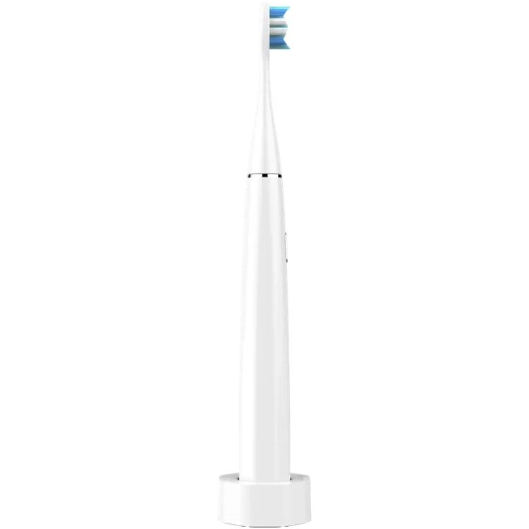 Side view of the Aeno DB1S White electric toothbrush with blue bristles on a white background