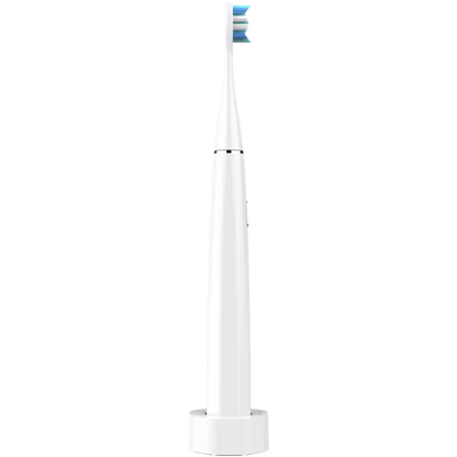 Side view of the Aeno DB1S White electric toothbrush with blue bristles on a white background
