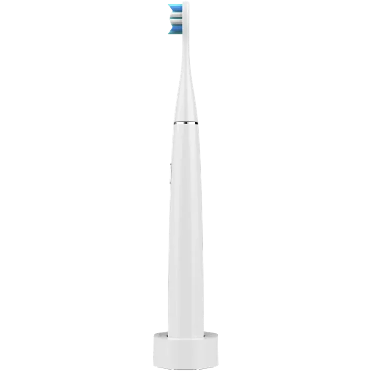 Left side view of the Aeno DB1S White electric toothbrush with blue bristle head on a white background