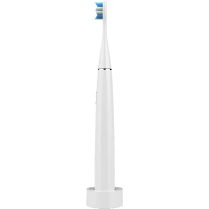 Left side view of the Aeno DB1S White electric toothbrush with blue bristle head on a white background