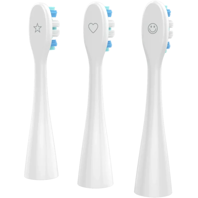 Rear view of Three white toothbrush heads with different designs for the Aeno DB1S Sonic Electric Toothbrush on a white background