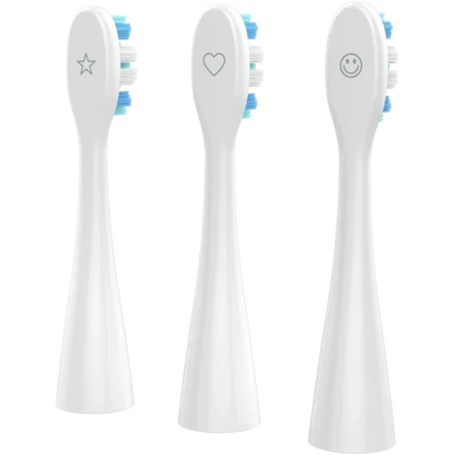 Rear view of Three white toothbrush heads with different designs for the Aeno DB1S Sonic Electric Toothbrush on a white background