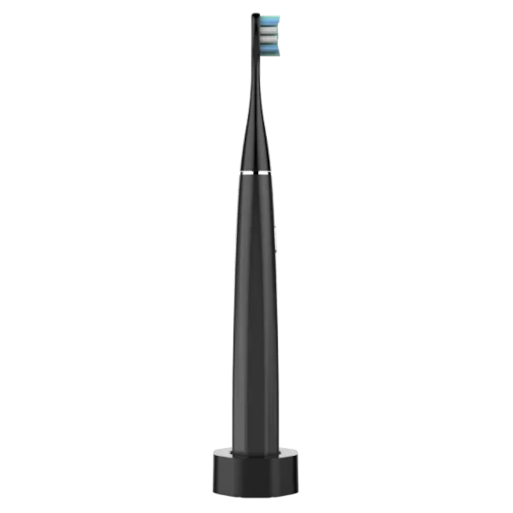Side view of Aeno DS2S Black electric toothbrush with blue bristle head on a white background