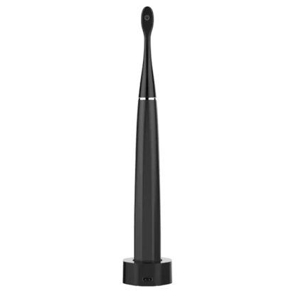 Rear view of the Aeno DS2S Black electric toothbrush in charging station on a white background