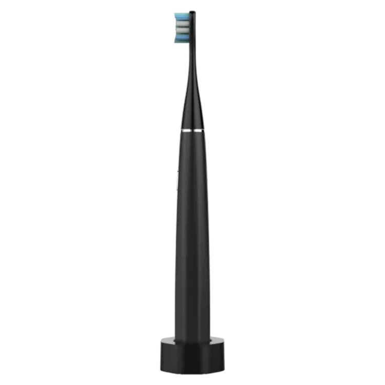 Aeno DS2S Black electric toothbrush with blue bristle head in charging station side view on a white background