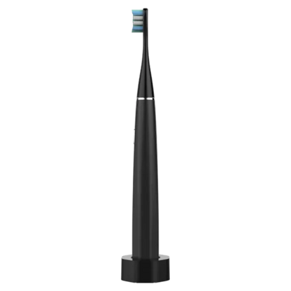 Aeno DS2S Black electric toothbrush with blue bristle head in charging station side view on a white background