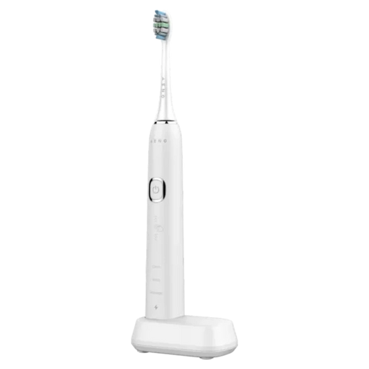 Side view of the white Aeno DB3 Smart Sonic electric toothbrush on a white background