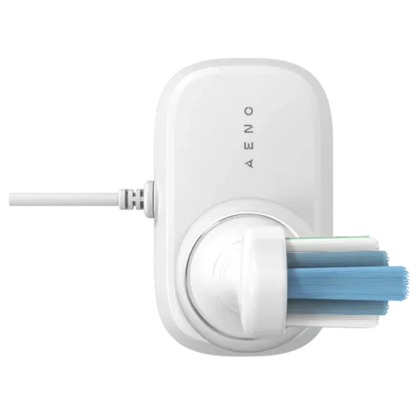 Top view of the White Aeno DB3 Smart Sonic electric toothbrush with blue bristles on a white background