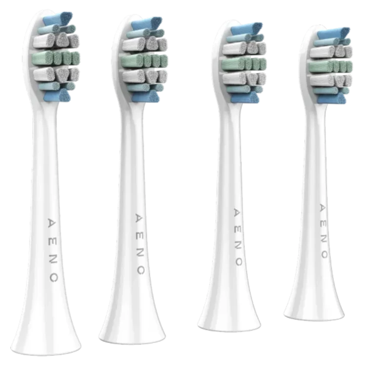 Four Aeno toothbrush heads for the Aeno DB3 Toothbrush with white handles and multicolored bristle heads on a white background.