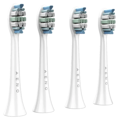 Four Aeno toothbrush heads for the Aeno DB3 Toothbrush with white handles and multicolored bristle heads on a white background.