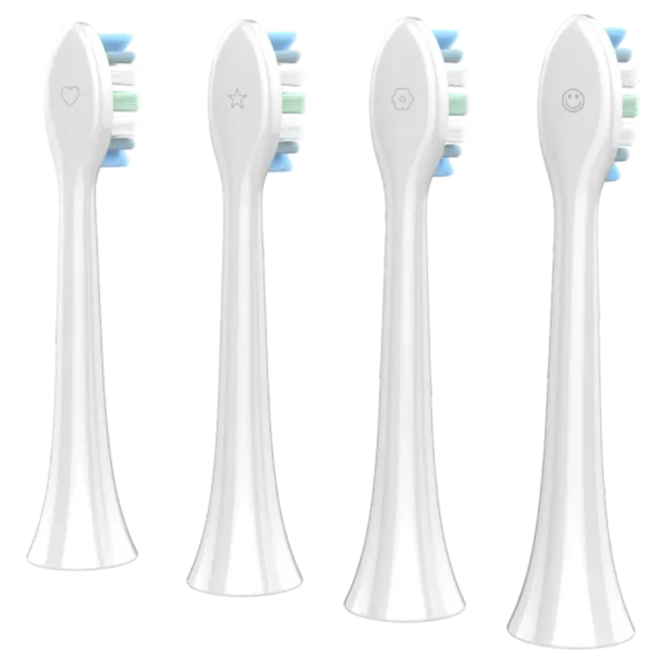 Rear view of Four white electric toothbrush heads for the Aeno DB3 toothbrush with blue and green bristle patterns on a white background