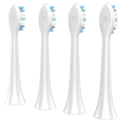 Rear view of Four white electric toothbrush heads for the Aeno DB3 toothbrush with blue and green bristle patterns on a white background