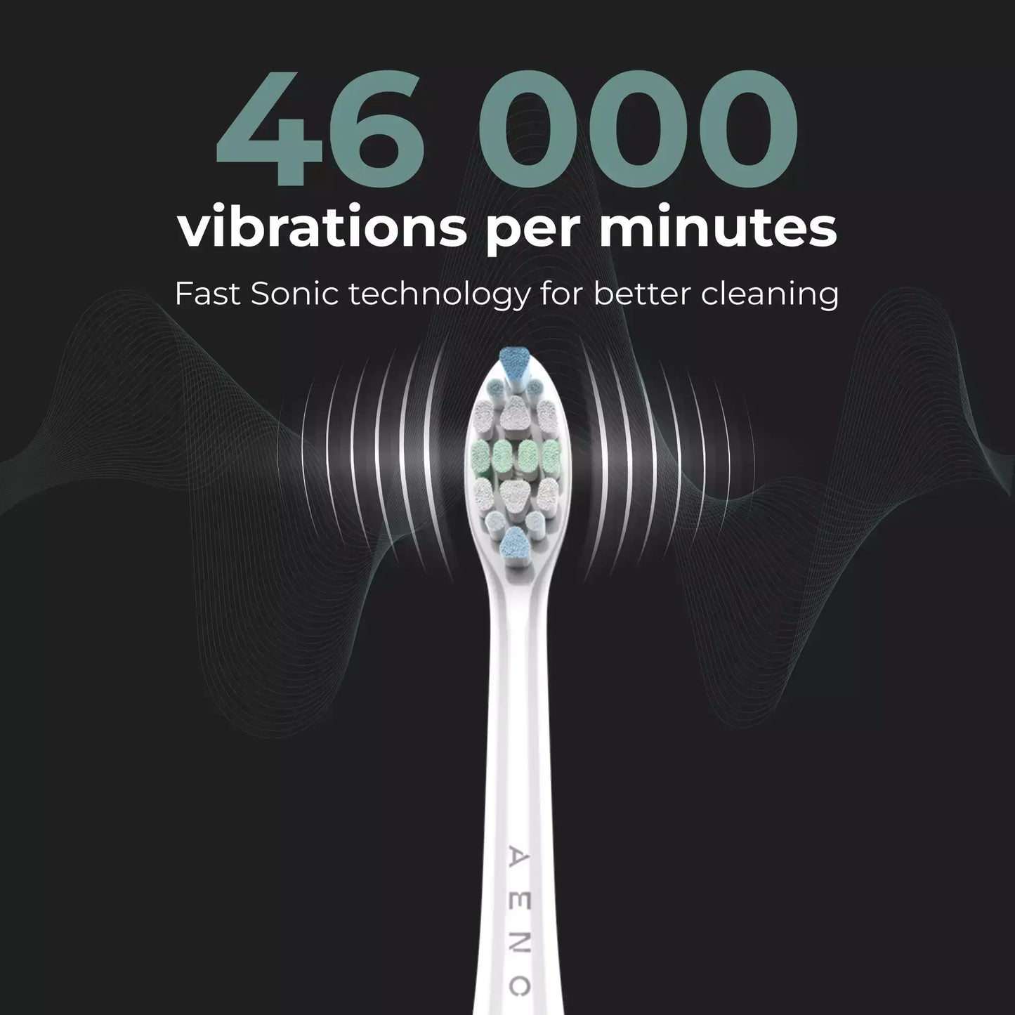 Aeno toothbrush with sonic wave illustration and text about vibrations on a black background